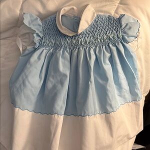 Vintage Smocked Light Blue and White Girls' Formal Dress
